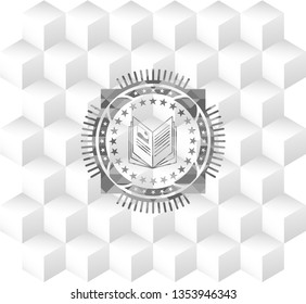 book icon inside retro style grey emblem with geometric cube white background
