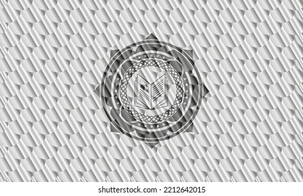 book icon inside shiny silver badge. Scales pattern. Vector Illustration. Detailed. 