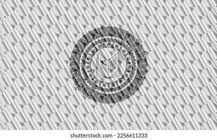 book icon inside shiny silver emblem. Scales pattern. Vector Illustration. Detailed. 
