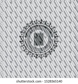 book icon inside silver badge or emblem. Scales pattern. Vector Illustration. Detailed.