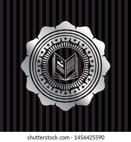book icon inside silver emblem or badge