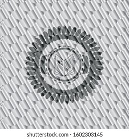 book icon inside silver emblem or badge. Scales pattern. Vector Illustration. Detailed.