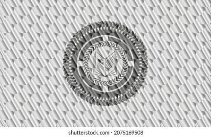 book icon inside silver emblem or badge. Scales pattern. Vector Illustration. Detailed. 