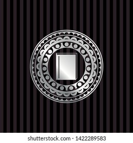 book icon inside silvery badge or emblem