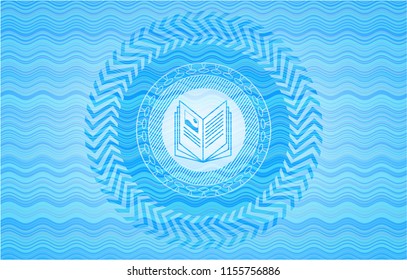 book icon inside sky blue water emblem background.