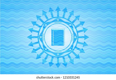 book icon inside sky blue water wave badge.