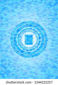 book icon inside sky blue emblem with mosaic ecological style background