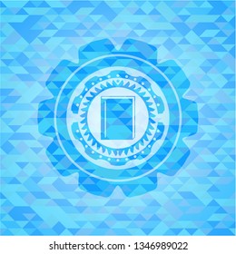 book icon inside sky blue emblem with mosaic background
