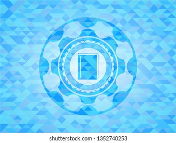 book icon inside sky blue emblem with triangle mosaic background