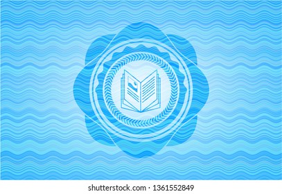 book icon inside sky blue water wave style emblem.