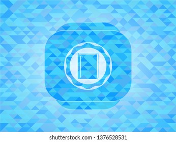book icon inside sky blue emblem with triangle mosaic background