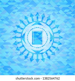 book icon inside sky blue emblem with mosaic background