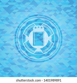 book icon inside sky blue emblem with mosaic ecological style background