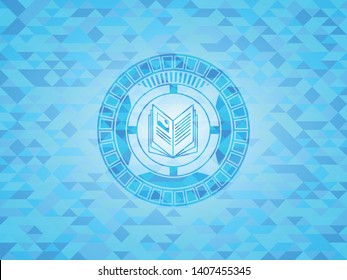 book icon inside sky blue emblem. Mosaic background