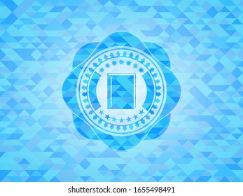 book icon inside sky blue emblem. Mosaic background