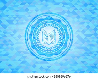 book icon inside sky blue emblem. Mosaic background. 