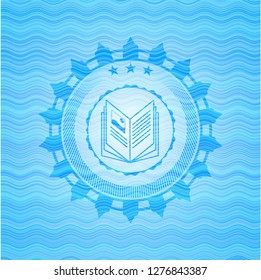 book icon inside water representation style emblem.