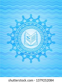book icon inside water wave representation badge background.