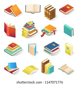 Book Icon Isometric Set. Realistic Collection Of Book Symbols In Bright Covers, School Or Bookstore Image. Vector Flat Style Cartoon Illustration Isolated On White Background