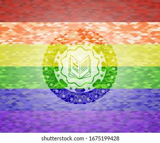 book icon on mosaic background with the colors of the LGBT flag