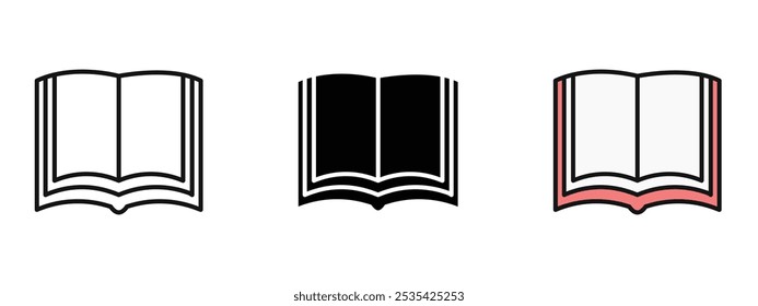 Book icon, open book icon in outline, silhouette and editable color icon with an unexpanded vector inside Three different colored book covers.