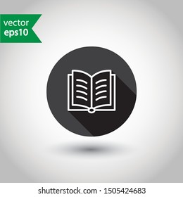 Book icon. Open book vector sign. Line book icon. Linear flat symbol. Magazine icon. Notebook sign. Document sign. EPS 10 sign. Round icon design with shadow