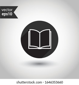 Book icon. Open book vector sign. Line book icon. Linear flat symbol. Magazine icon. Notebook sign. Document pictogram. EPS 10 sign. Round icon design with shadow