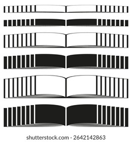 Book icon row. Open publication layout. Black striped binding. Reading vector graphic