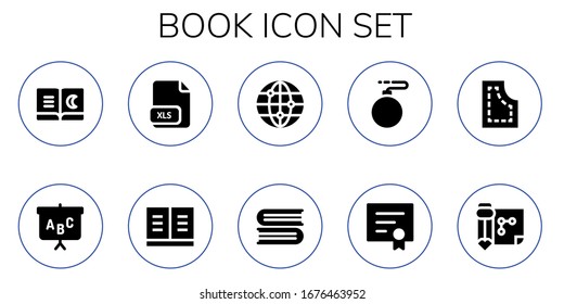 book icon set. 10 filled book icons. Included Book, Blackboard, Xls, Worlwide, Books, Bomb, Diploma, Pattern, Drawing icons