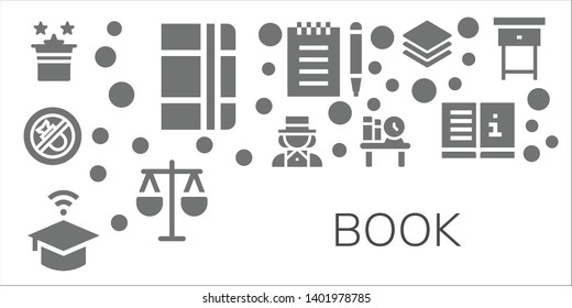 book icon set. 11 filled book icons.  Collection Of - Magic, Notebook, Bombing, Magician, University, Bookshelf, Notepad, Law, Albums, Manual, Nightstand