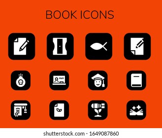 book icon set. 12 filled book icons. Included Paper, Bomb, Education, Sharpener, Blackboard, Christianity, Graduated, Book icons