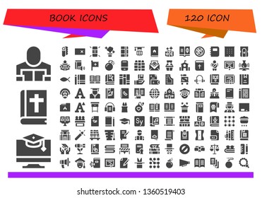 book icon set. 120 filled book icons.  Simple modern icons about  - Reader, Education, Bible, Paper, Erase, Eraser, Magic, Notebook, Learning, Book, Bombing, Office, Sharpener