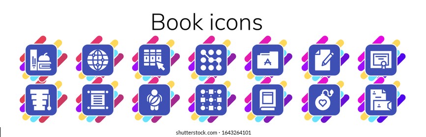 Buchsymbolsatz. 14 gefüllte Buchsymbole.  Einfache, moderne Symbole wie: Bücher, Xylophone, weltweit, Torah, Bibliothek, Kindheit, Muster, Schriftart, Buch, Papier, Bombe, Diplom, Stationierung