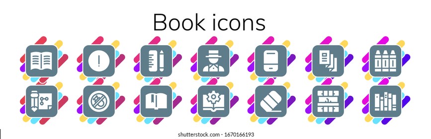 book icon set. 14 filled book icons. Included Book, Drawing, Advise, Bombing, School, Magician, Ebook, Eraser, Trifold, Kitchen, Crayon, Books icons
