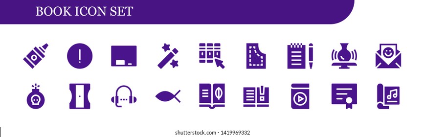 book icon set. 18 filled book icons.  Collection Of - Glue, Advise, Blackboard, Magic, Library, Pattern, Notepad, Potter, Communication, Bomb, Sharpener, Lesson, Christianity