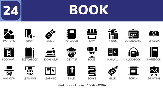 book icon set. 24 filled book icons.  Simple modern icons about  - Pantone, Book, Bomb, Notebook, Jury, Prison, Blackboard, Diploma, Bookmark, Sketchbook, Bookshelf, Scientist