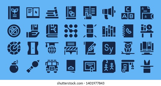 book icon set. 32 filled book icons. on blue background style Collection Of - Book, Bombing, Color, Bomb, Learning, Education, Sharpener, Bladder pipe, Bookshelf, Jury, Pattern