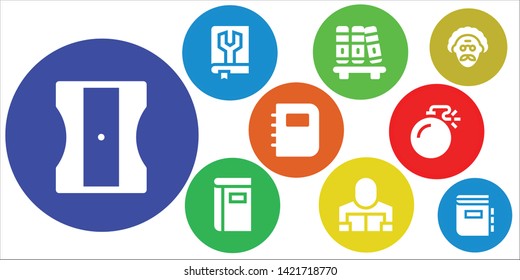 book icon set. 9 filled book icons.  Simple modern icons about  - Sharpener, Manual, Bookshelf, Book, Reader, Notebook, Bomb, Scientist, Dictionary