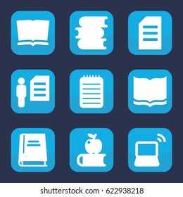 Book icon. set of 9 filled book icons such as book, laptop, man and document