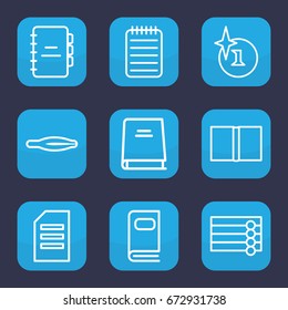 Book icon. set of 9 outline book icons such as wooden wall, tweezers, explosion, notebook, photo album, book