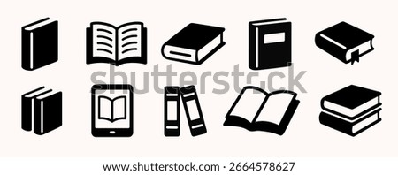 Book icon set. Books vector flat illustrations collection. Open book, closed book icons. E-book icon. Back to school, library signs. Study concept symbols