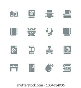 book icon set. Collection of 16 filled book icons included Book, Bomb, Punishment, Bedside table, Ereader, Vector, Graphic tablet, Audio guide, School, Appointment Magician