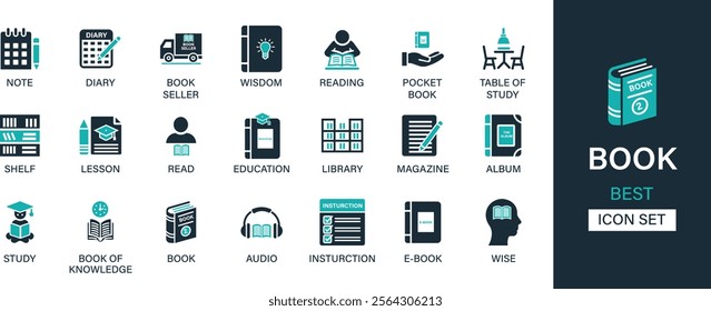 BOOK icon set collection. Note, diary, book seller, wisdom, reading, pocket book, shelf, lesson, read, education, library, magazine and best solid icon set.