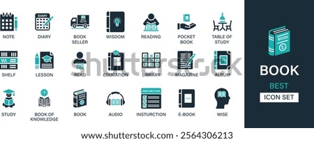 BOOK icon set collection. Note, diary, book seller, wisdom, reading, pocket book, shelf, lesson, read, education, library, magazine and best solid icon set.