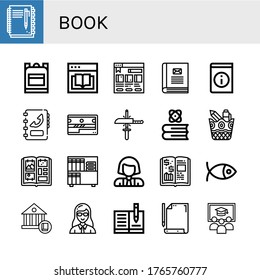 Buchsymbolsatz. Sammlung von Notebook, Schultasche, E-Book, Buchladen, Kontaktbuch, Buch, Telefonischer Scharfschütze, Bücherei, Fotoalbum, Wissenschaftler, Finanzsymbole
