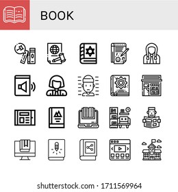 book icon set. Collection of Open book, Books, Justice, Spellbook, Notepad, Student, Audio book, Scientist, Prisoner, Manual shop, Ebook, Library, Reading icons