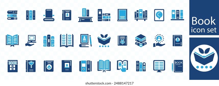 Book icon set. Containing library, read, author, journal, reading, bookshelf, magazine, e-book and more. Vector solid icons collection