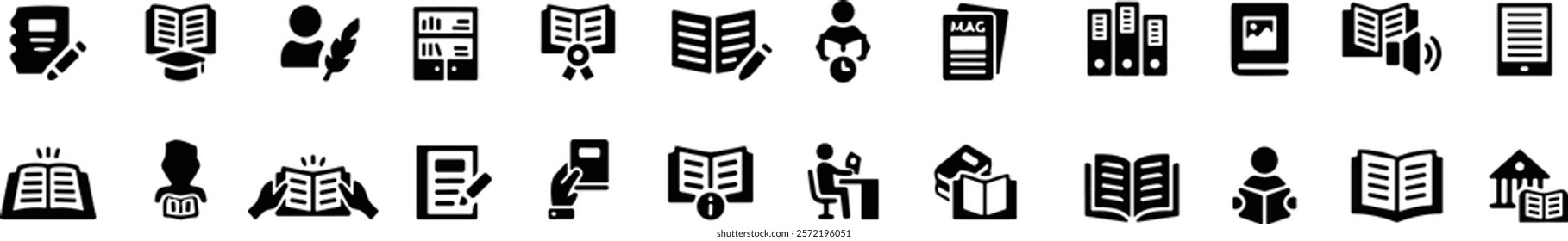 Book icon set. Containing library, read, author, journal, reading, bookshelf, magazine, e-book. vector illustration