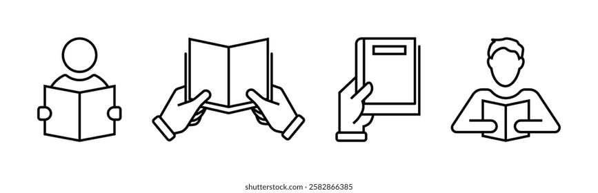 Book icon set. Containing library, read, author, journal, reading, bookshelf, magazine, e-book and more. Vector solid icons collection.