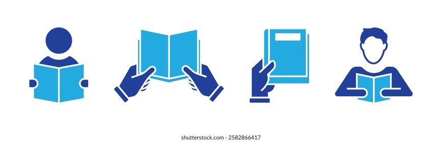 Book icon set. Containing library, read, author, journal, reading, bookshelf, magazine, e-book and more. Vector solid icons collection.